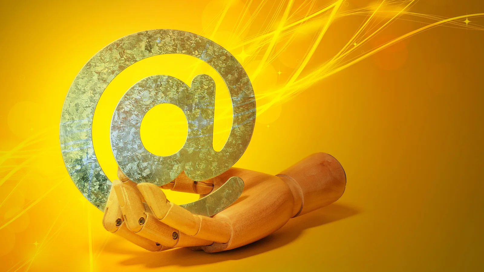 Metal @ email symbol held by a wooden hand against a bright yellow background, representing email marketing