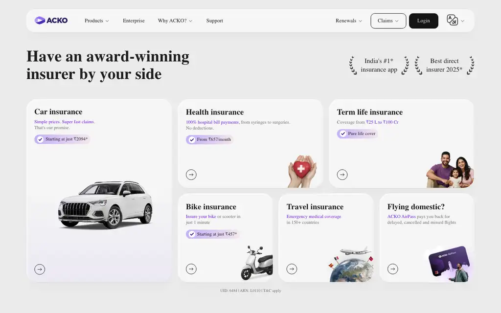 Acko website homepage screenshot