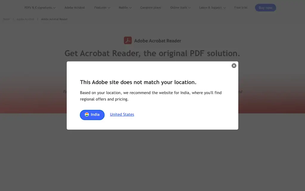 Adobe Acrobat Reader website homepage screenshot