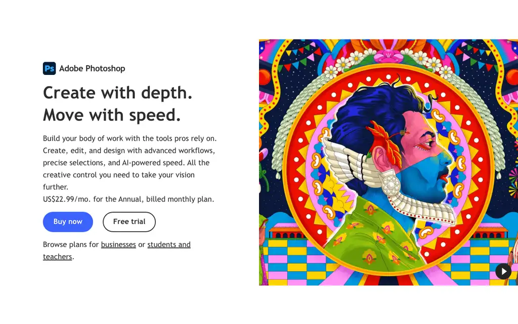Adobe Photoshop website homepage screenshot