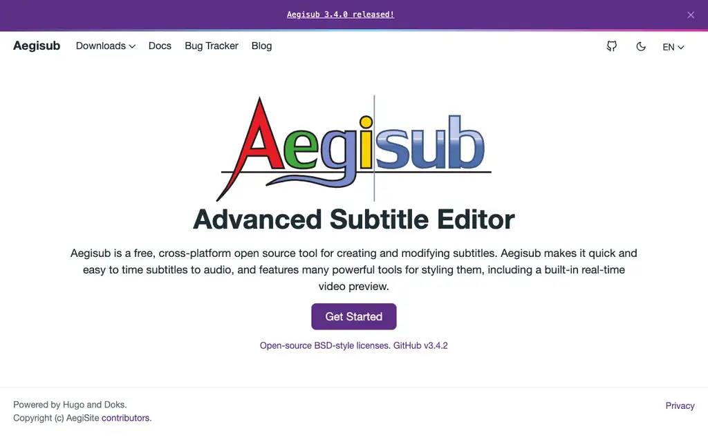 Aegisub website homepage screenshot