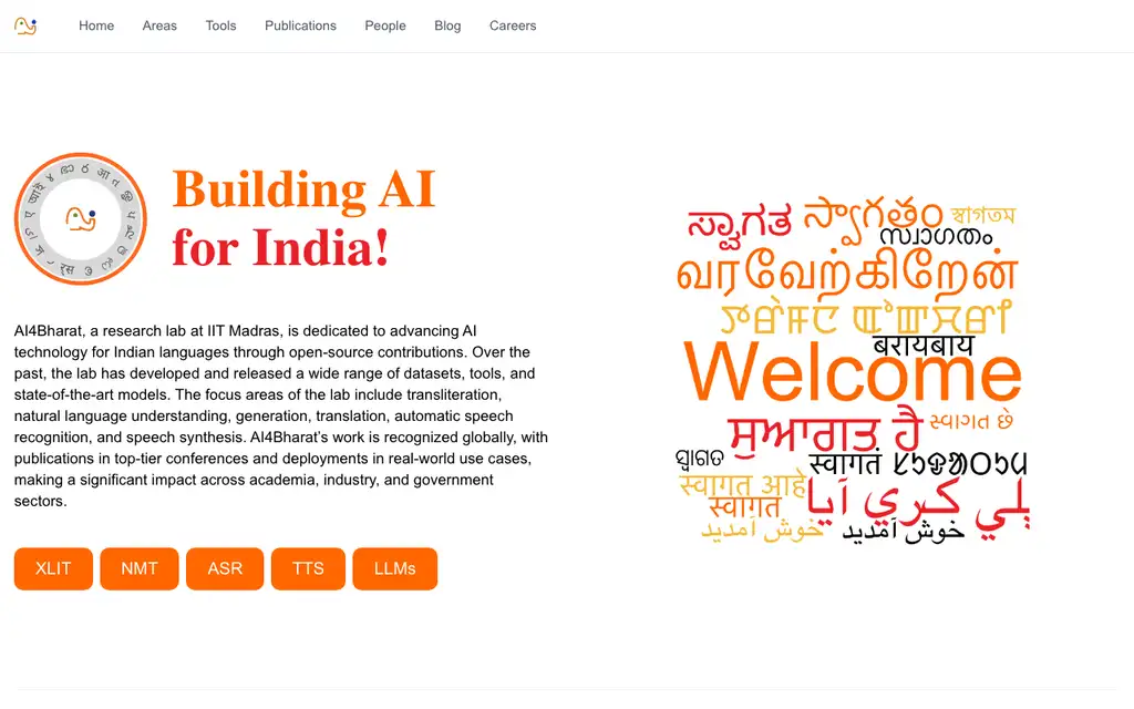 AI4Bharat website homepage screenshot