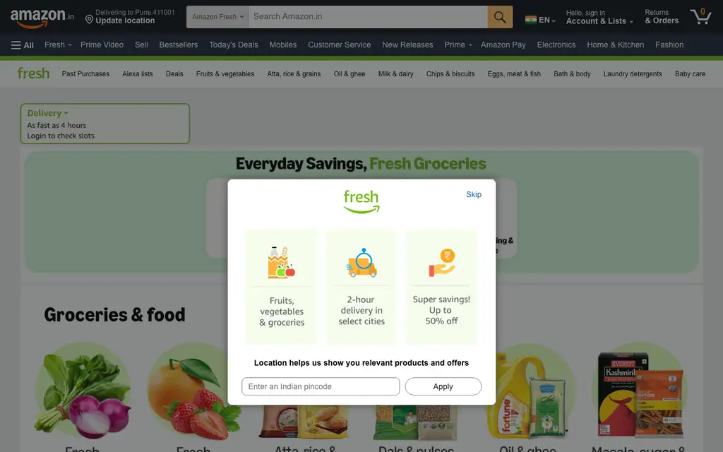 Amazon Fresh website homepage screenshot
