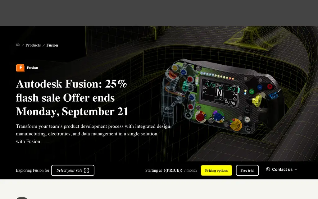 Autodesk Fusion website homepage screenshot