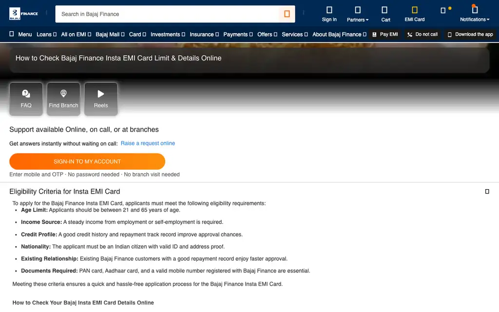 Bajaj Finserv EMI Network website homepage screenshot