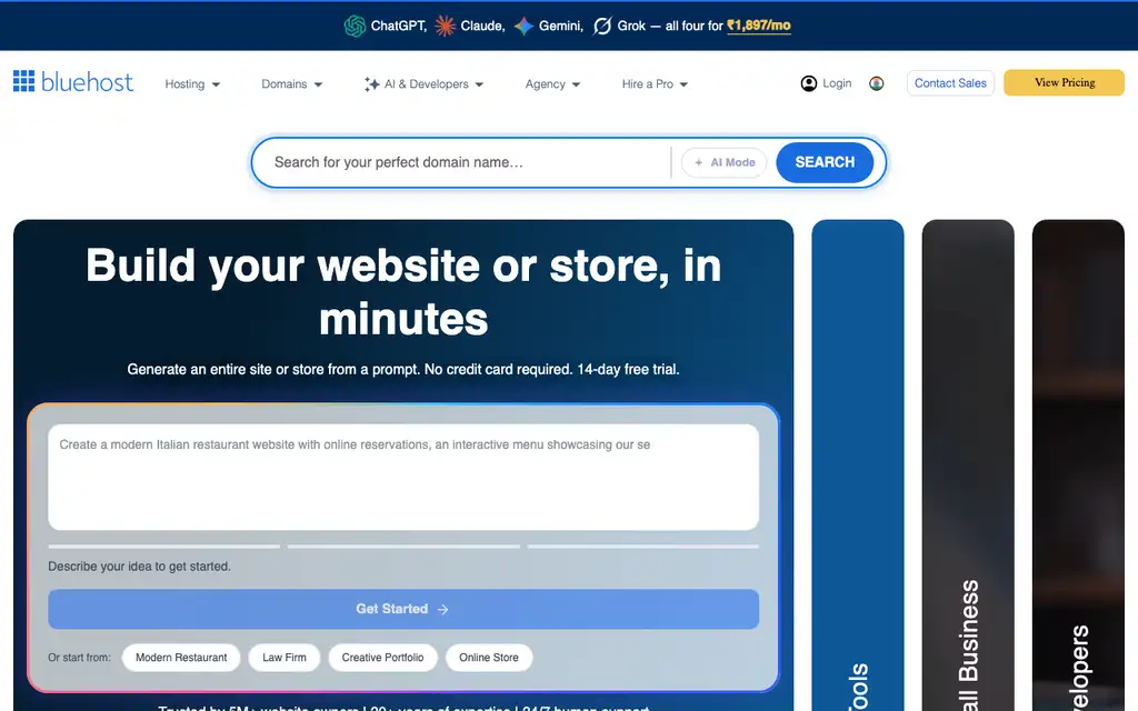 Bluehost India website homepage screenshot