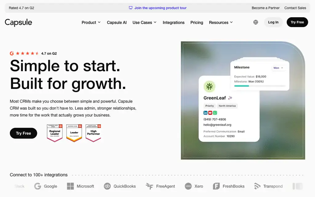 Capsule CRM website homepage screenshot