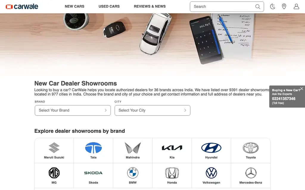CarWale Dealer website homepage screenshot