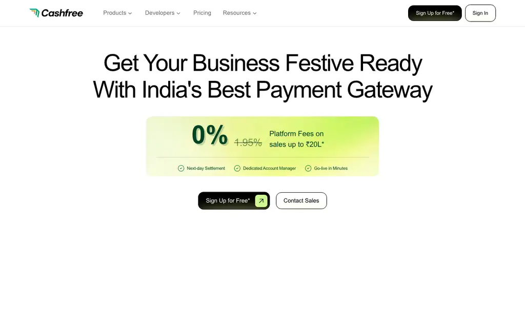 Cashfree Payments website homepage screenshot