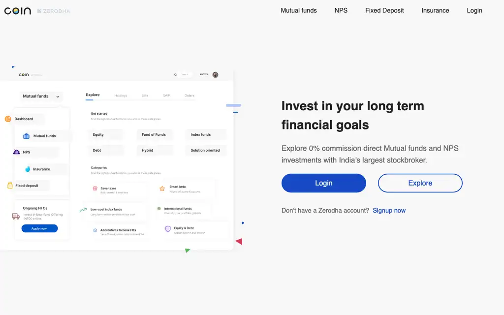 Coin by Zerodha website homepage screenshot