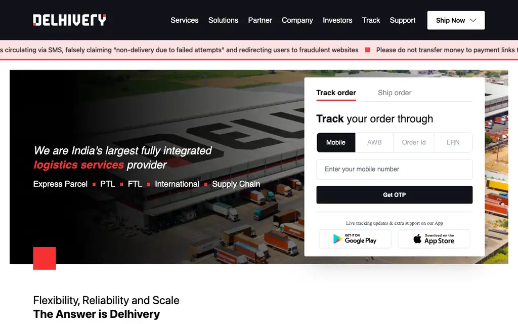 Delhivery website homepage screenshot