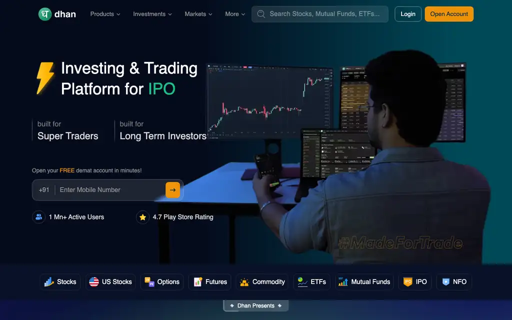 Dhan website homepage screenshot