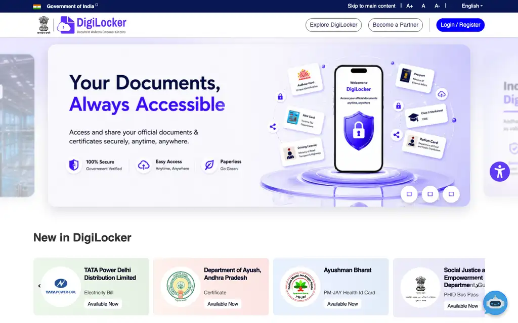 DigiLocker website homepage screenshot