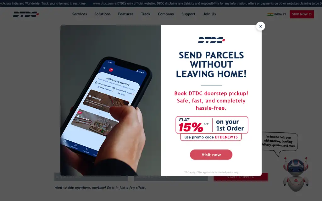 DTDC website homepage screenshot