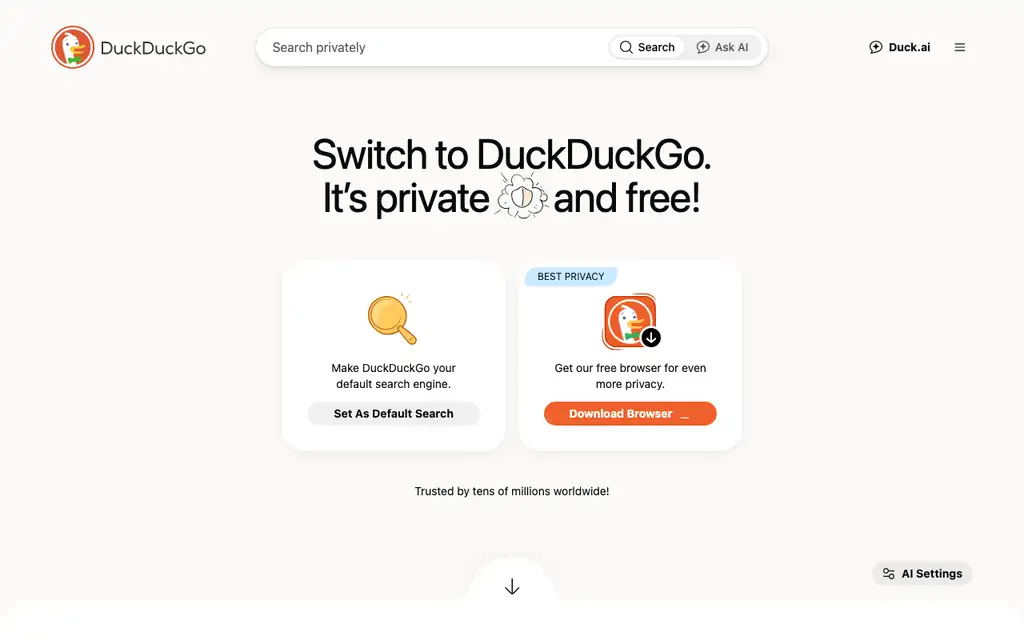 DuckDuckGo website homepage screenshot