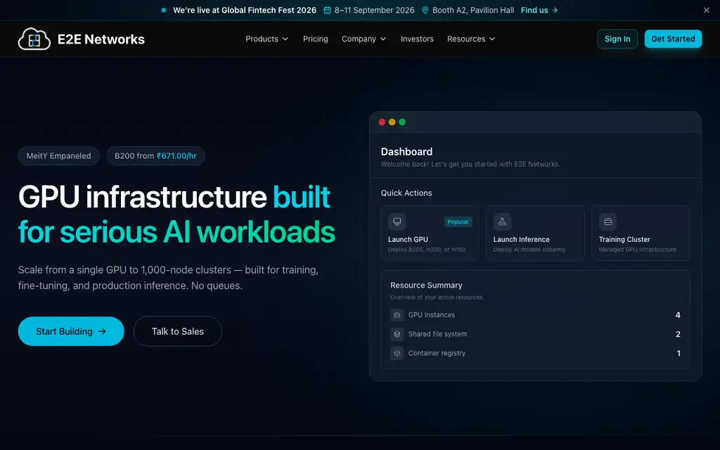 E2E Networks website homepage screenshot