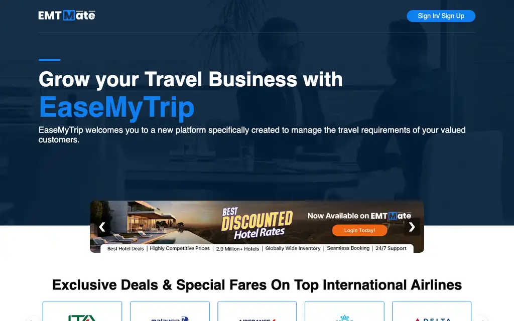EaseMyTrip Partner website homepage screenshot