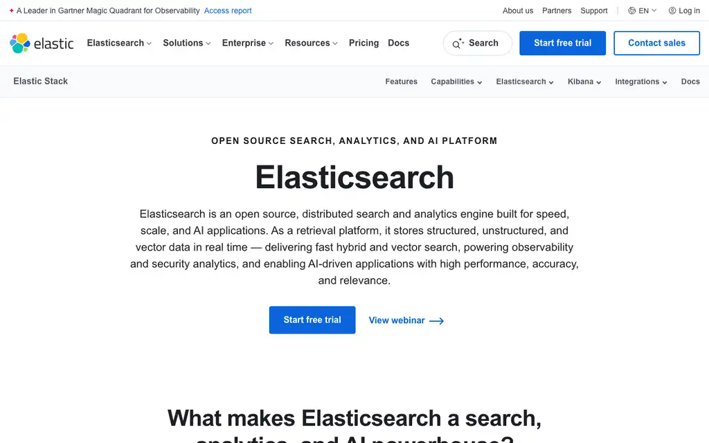 Elasticsearch website homepage screenshot