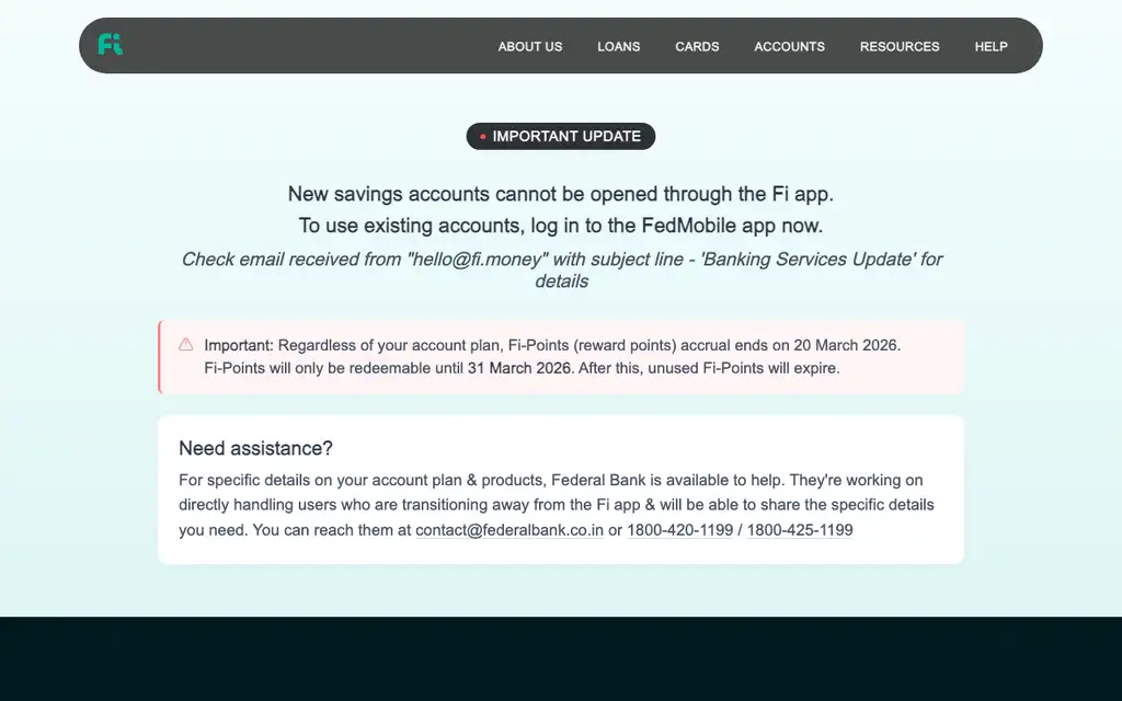 Fi Money website homepage screenshot