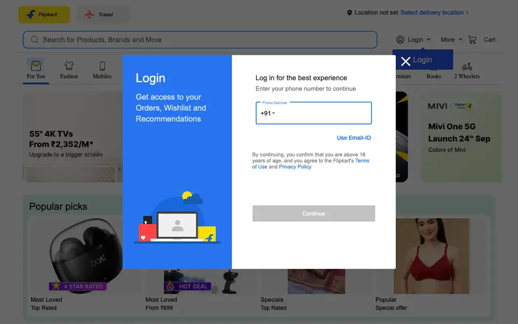 Flipkart website homepage screenshot