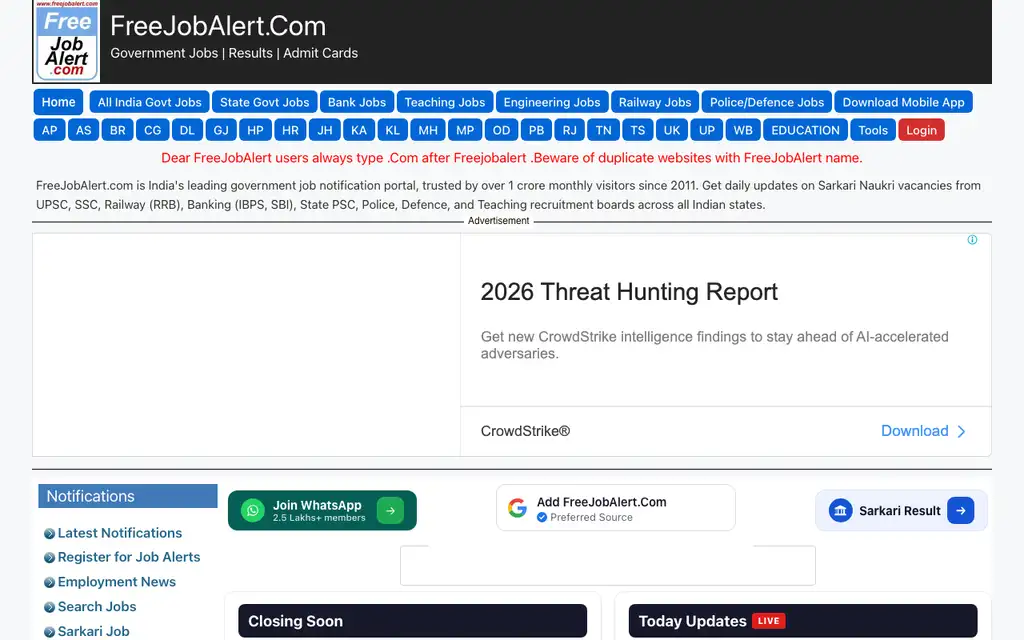 FreeJobAlert website homepage screenshot