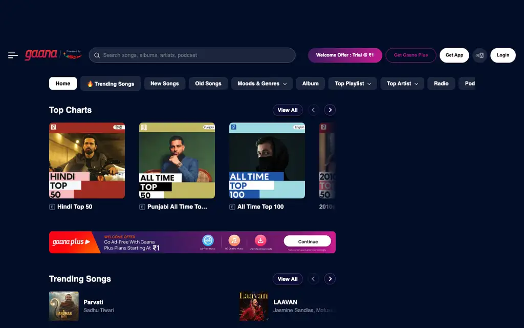 Gaana website homepage screenshot