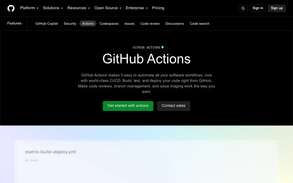 GitHub Actions website homepage screenshot