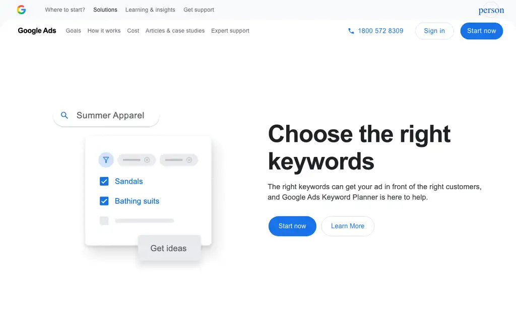 Google Keyword Planner website homepage screenshot