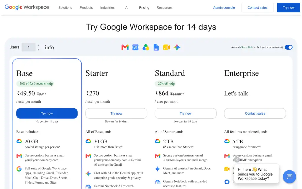 Google Workspace Business Starter website homepage screenshot