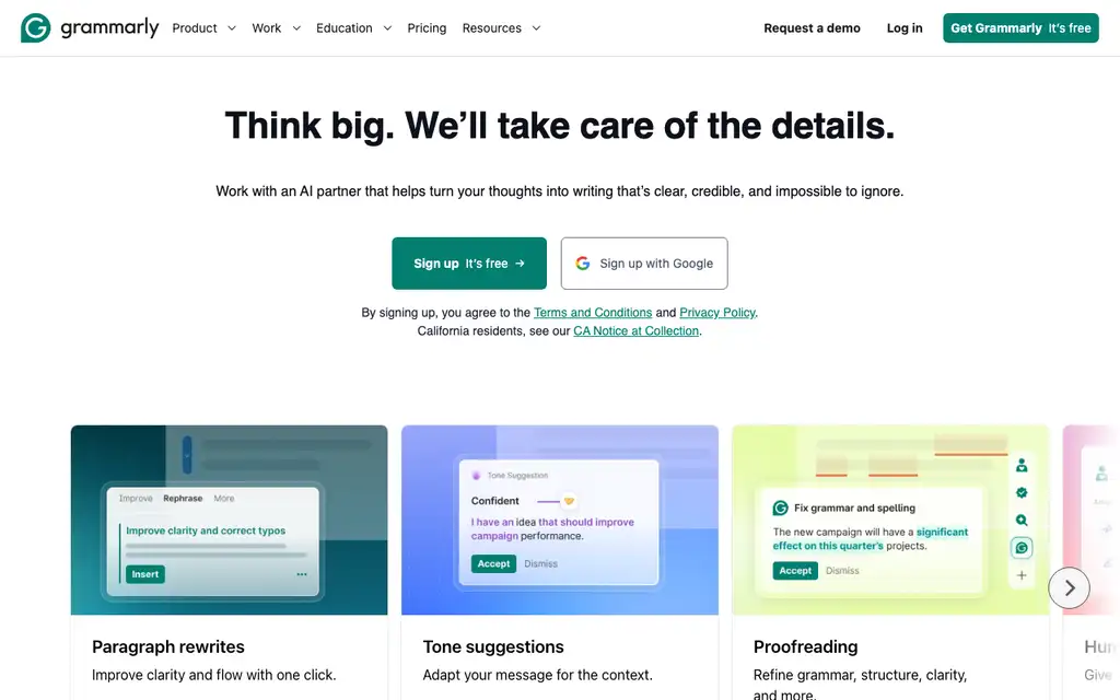 Grammarly website homepage screenshot