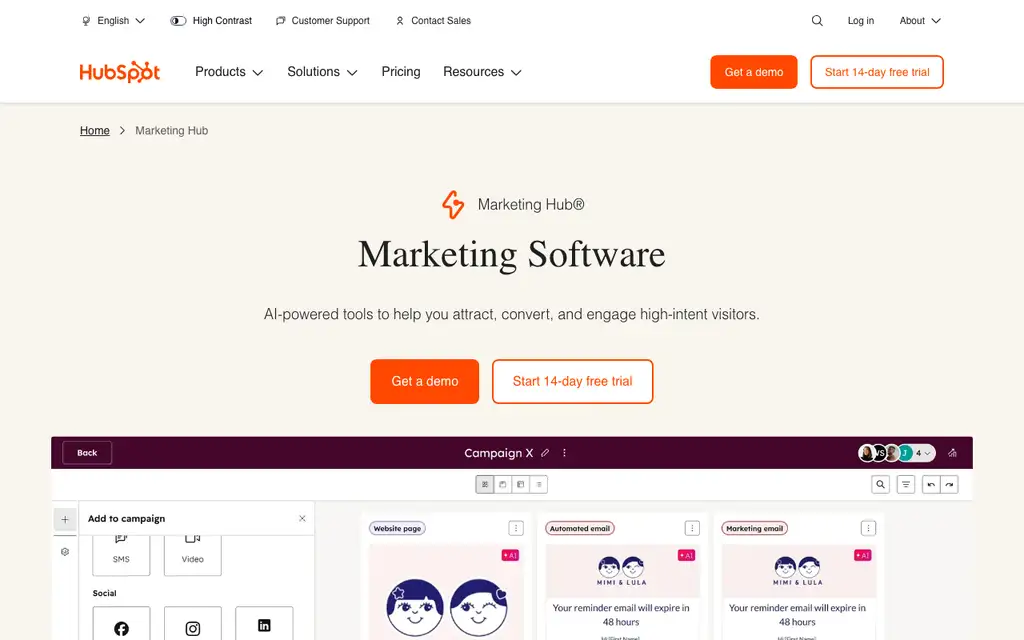 HubSpot Marketing Hub website homepage screenshot