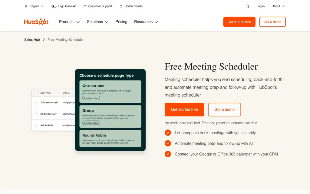 HubSpot Meetings website homepage screenshot