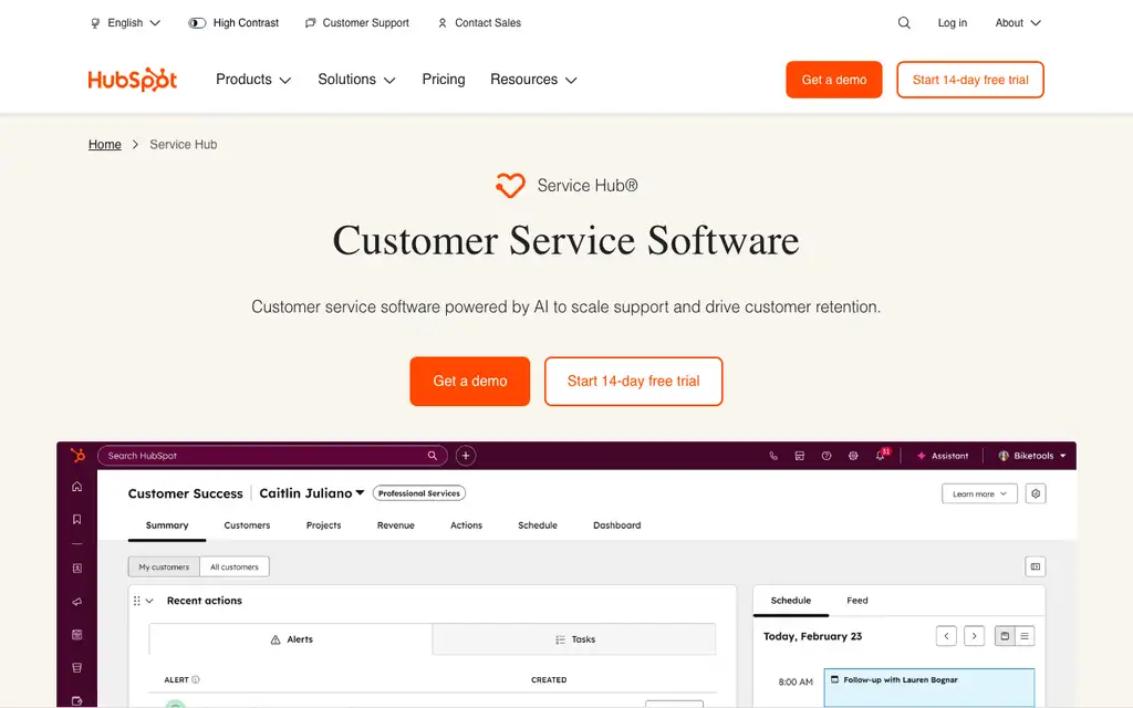 HubSpot Service Hub website homepage screenshot