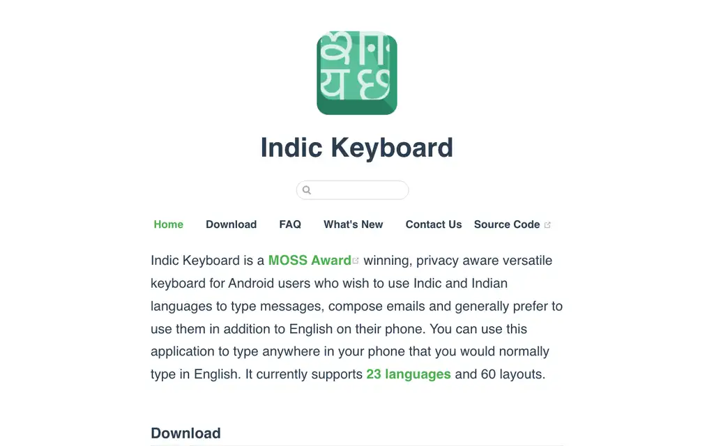 Indic Keyboard website homepage screenshot