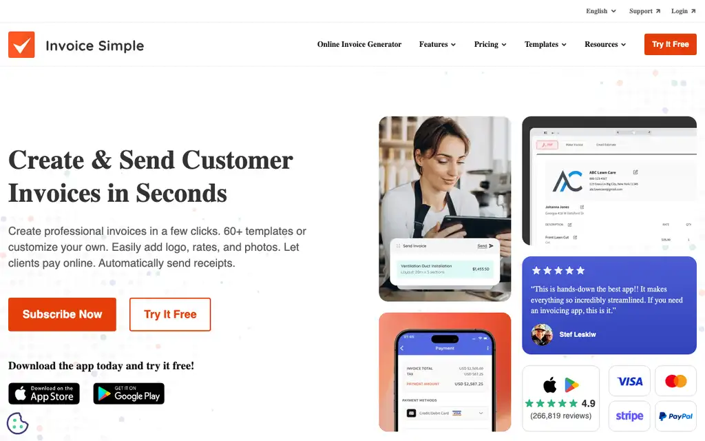 Invoice Simple website homepage screenshot