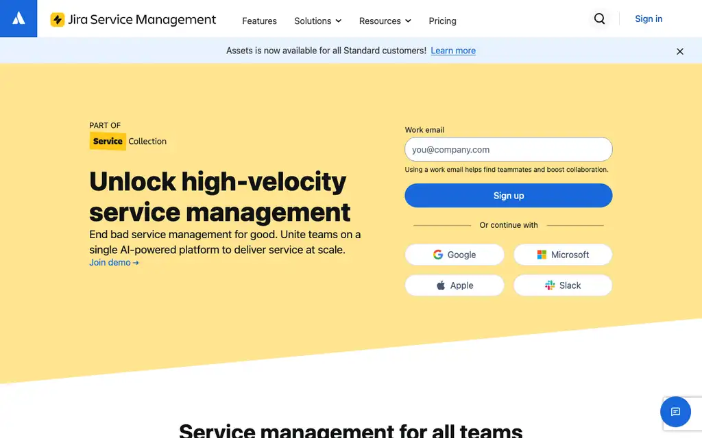 Jira Service Management website homepage screenshot