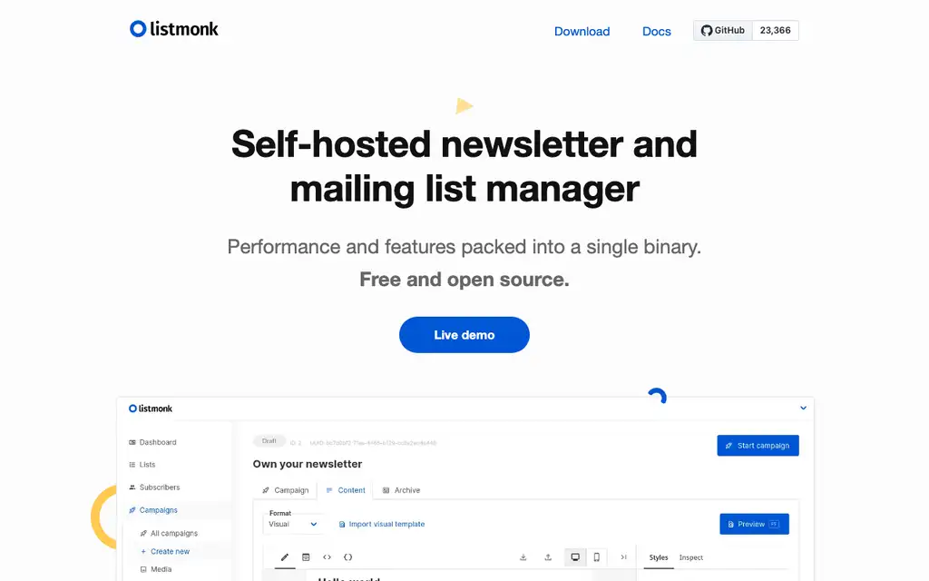 listmonk website homepage screenshot