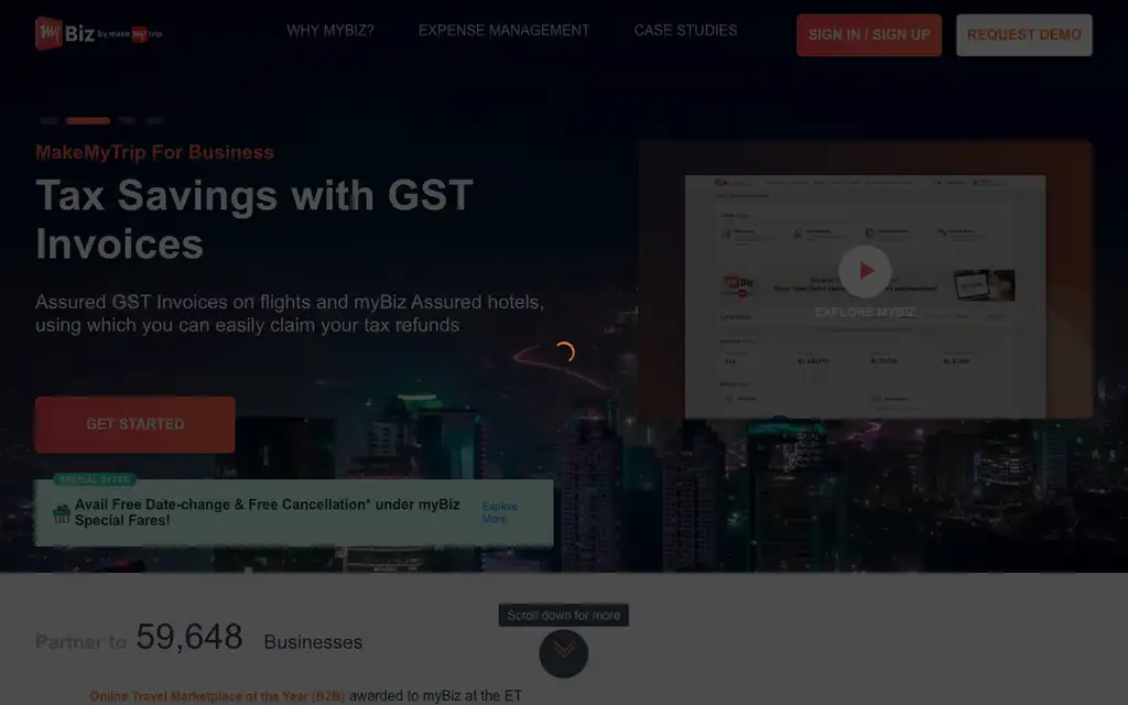 MakeMyTrip myBiz website homepage screenshot