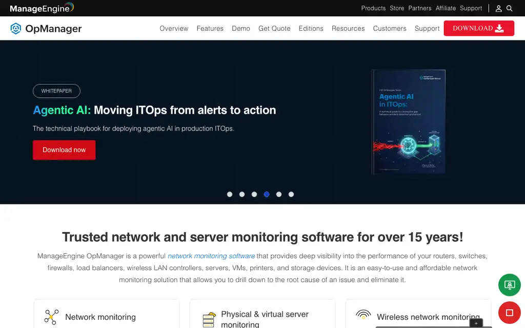 ManageEngine OpManager website homepage screenshot