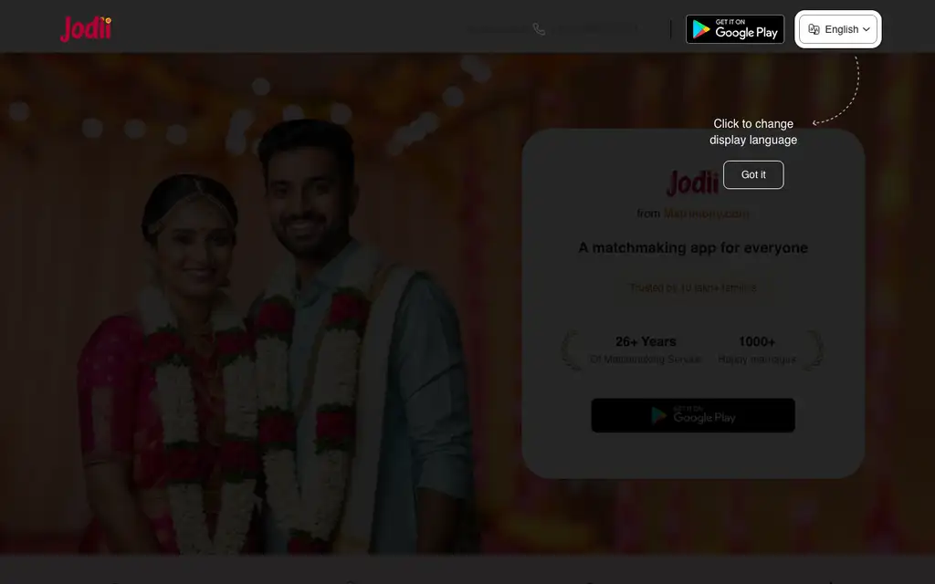 Matrimony.com Jodii website homepage screenshot