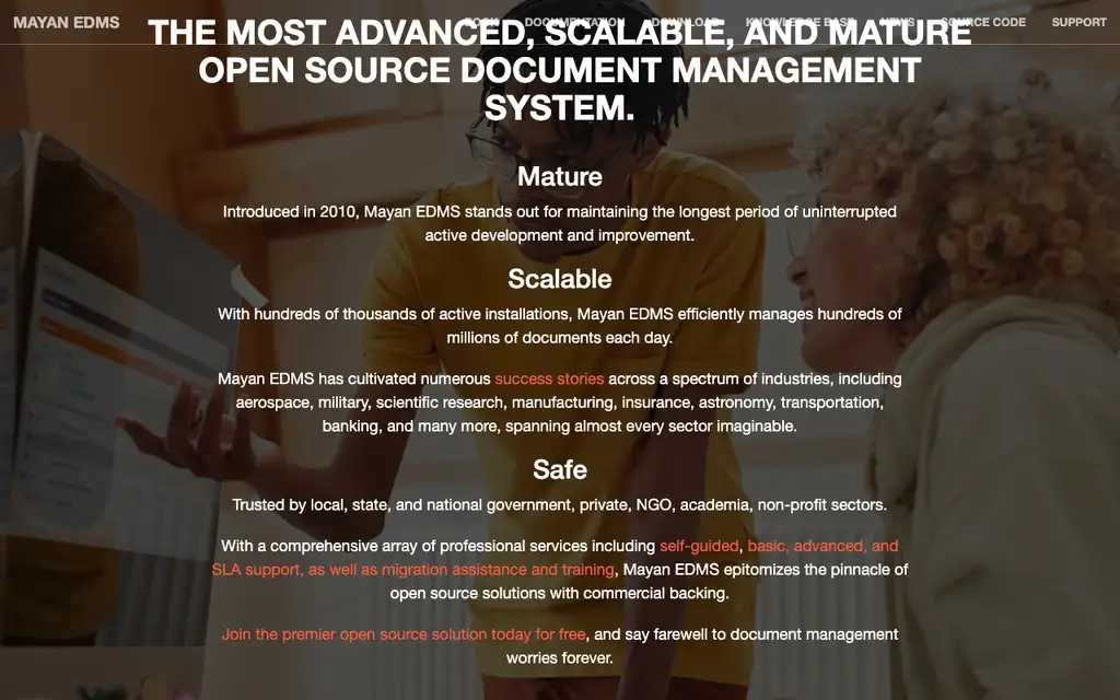 Mayan EDMS website homepage screenshot