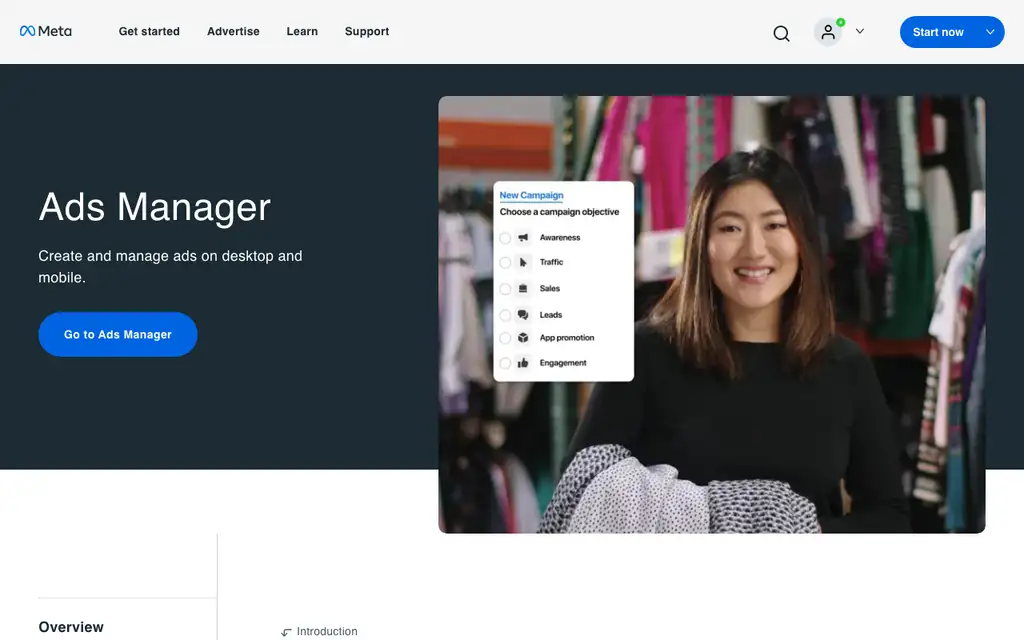 Meta Ads Manager website homepage screenshot