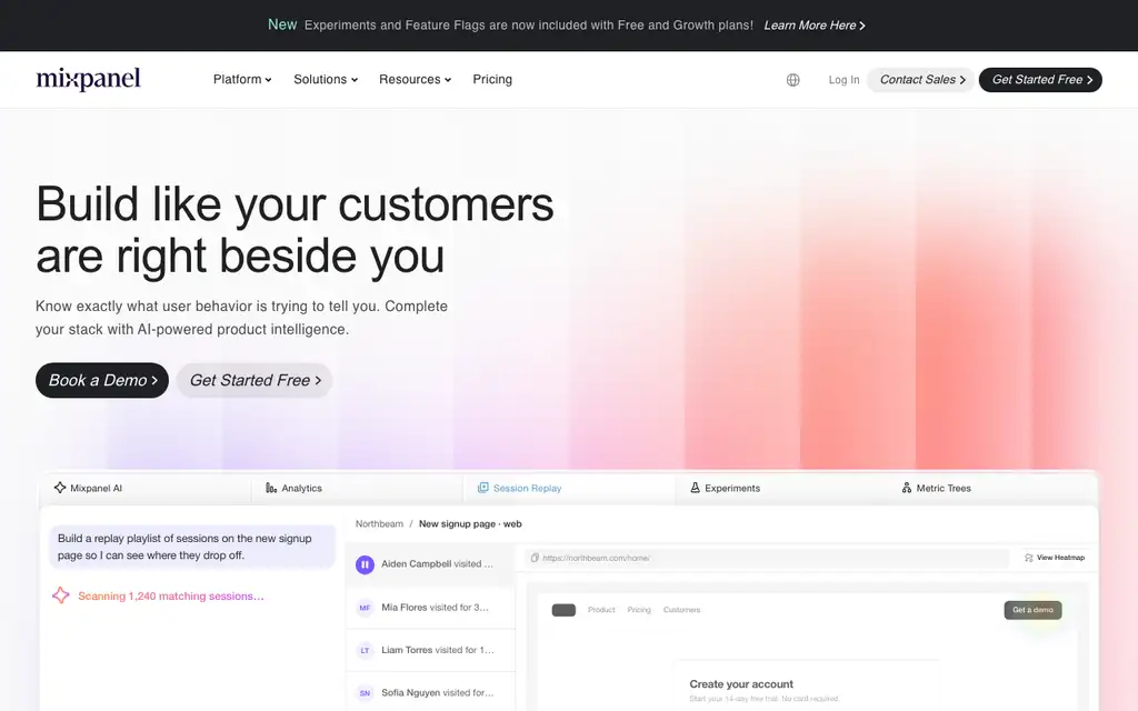 Mixpanel website homepage screenshot