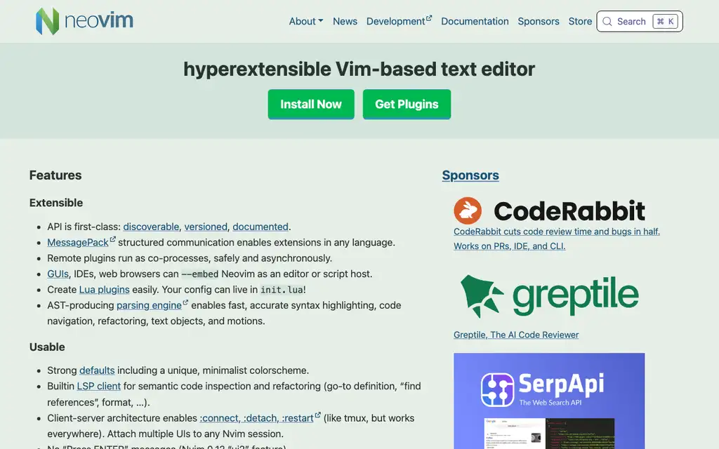 Neovim website homepage screenshot
