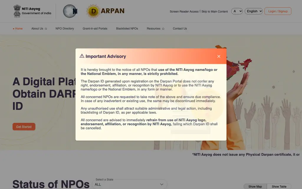 NGO Darpan website homepage screenshot