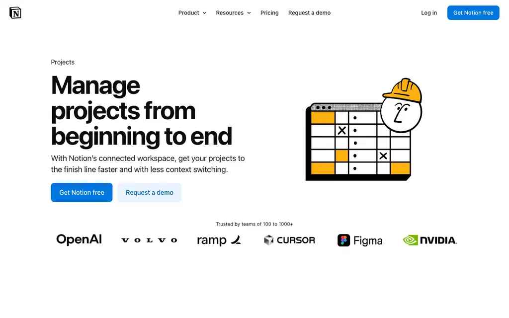 Notion Projects website homepage screenshot