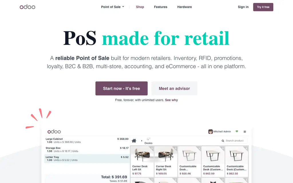 Odoo Point of Sale website homepage screenshot