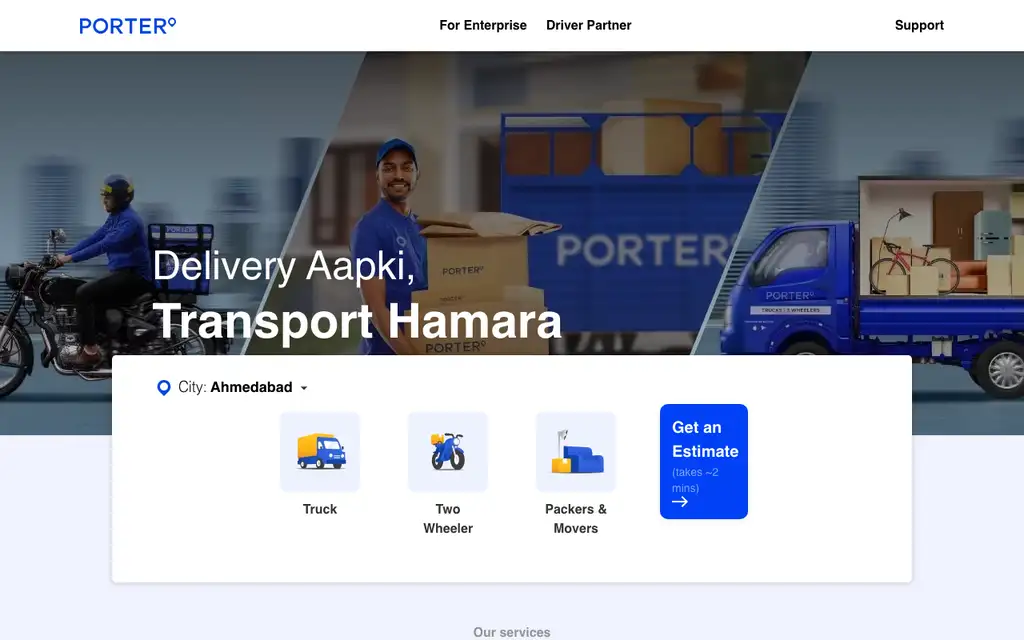 Porter website homepage screenshot
