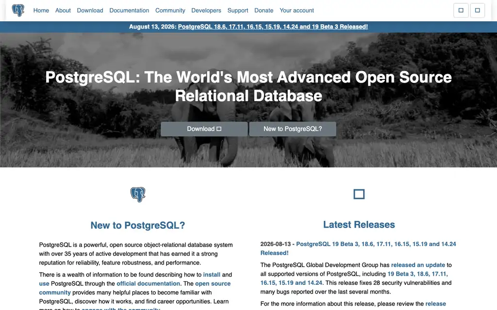 PostgreSQL website homepage screenshot