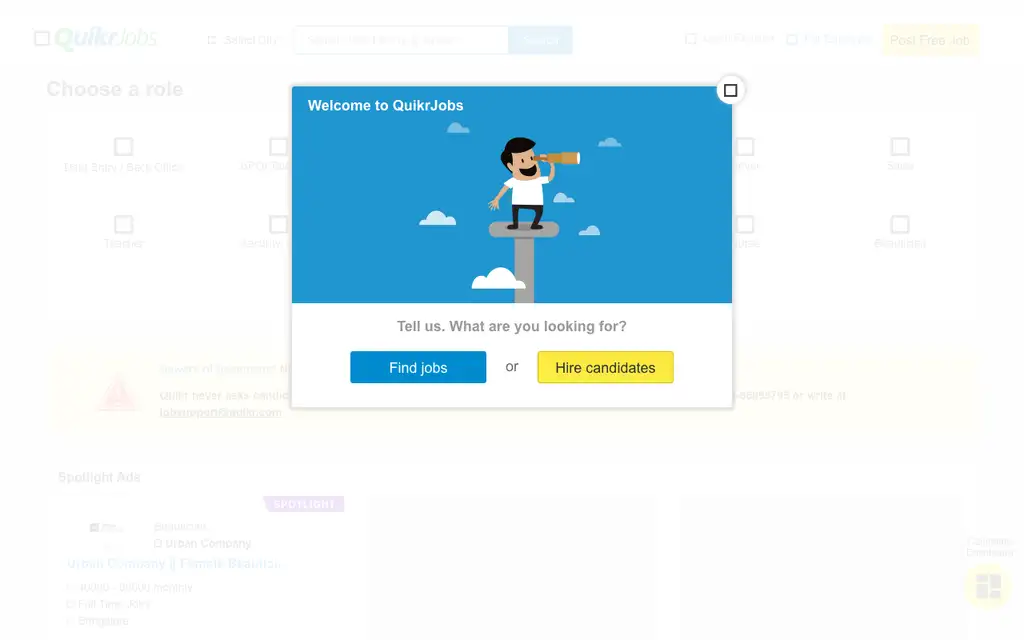 QuikrJobs website homepage screenshot